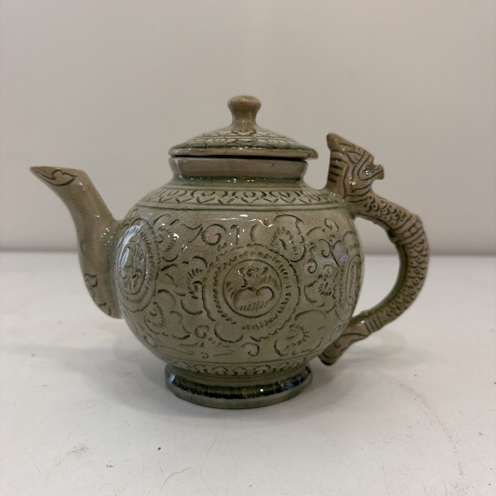 Vintage Thai Celadon (?) Teapot Pottery Green Dragon Good Shape!